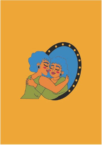 Illustration of two figures embracing before a mirror