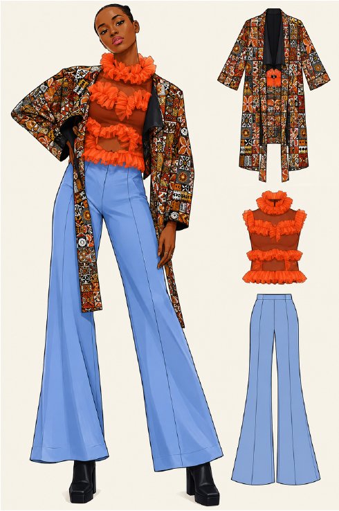 Illustrated flats of the coat, top and trousers